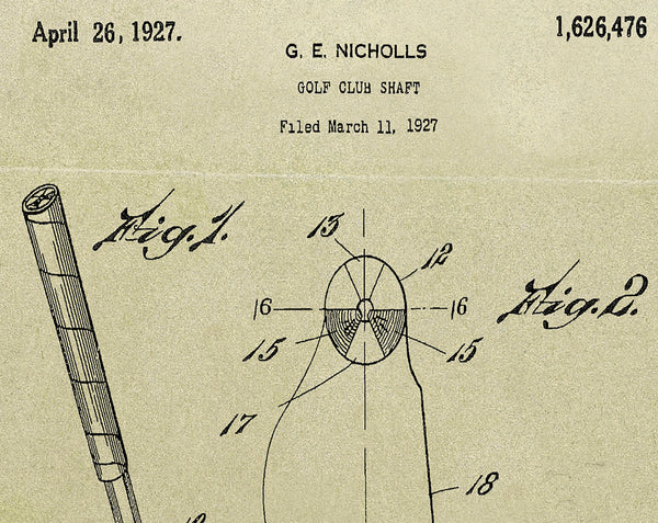 Vintage 1927 Golf Club Patent Drawing